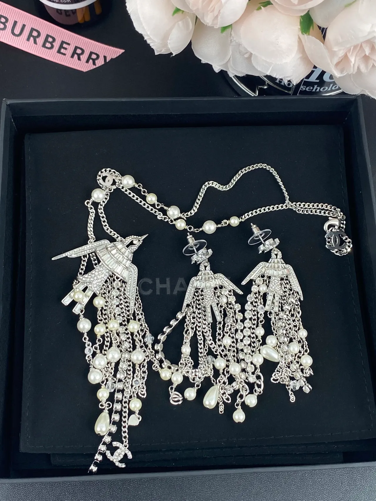 Chanel Silver White Chandelier Fringe Pearl And Crystal Drop Earrings 8
