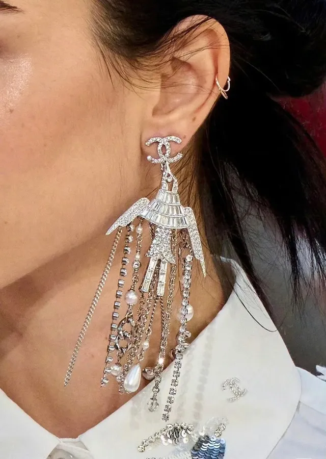 Chanel Silver White Chandelier Fringe Pearl And Crystal Drop Earrings 10
