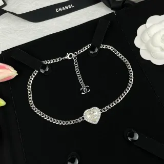 Chanel Silver White Curb Chain Heart-Shaped Pendant Necklace