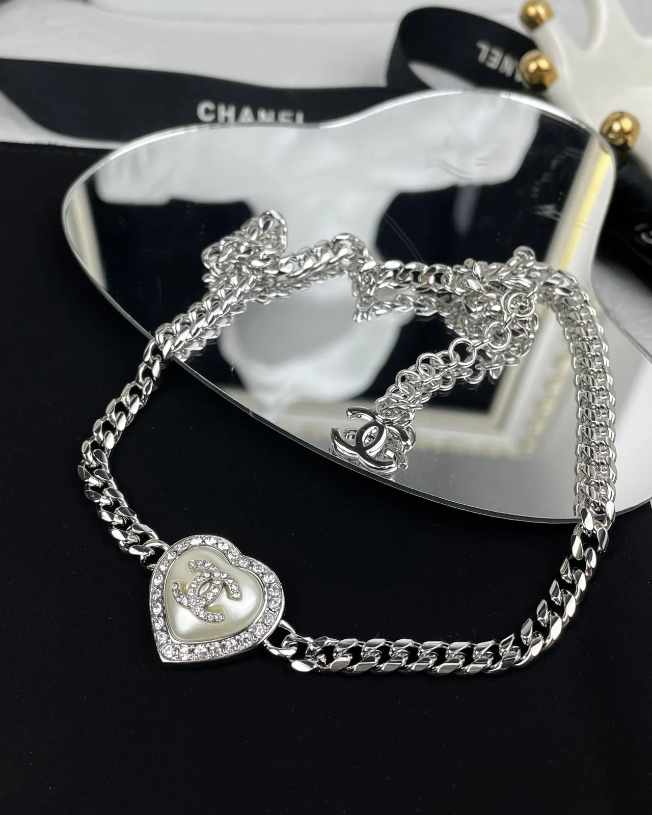 Chanel Silver White Curb Chain Heart-Shaped Pendant Necklace 6
