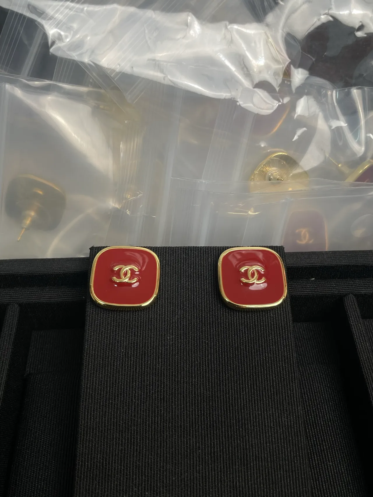 Chanel Square CC Black Red Enamel Studs Gold-Tone Metal Frame Earrings 3