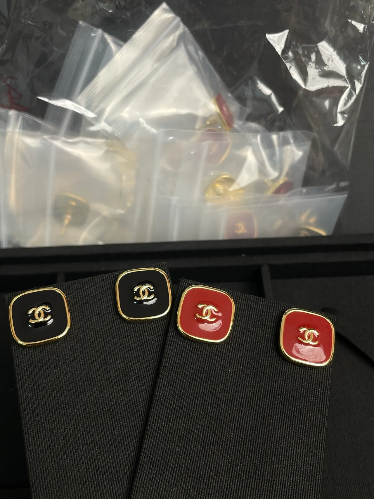 Chanel Square CC Black Red Enamel Studs Gold-Tone Metal Frame Earrings 8