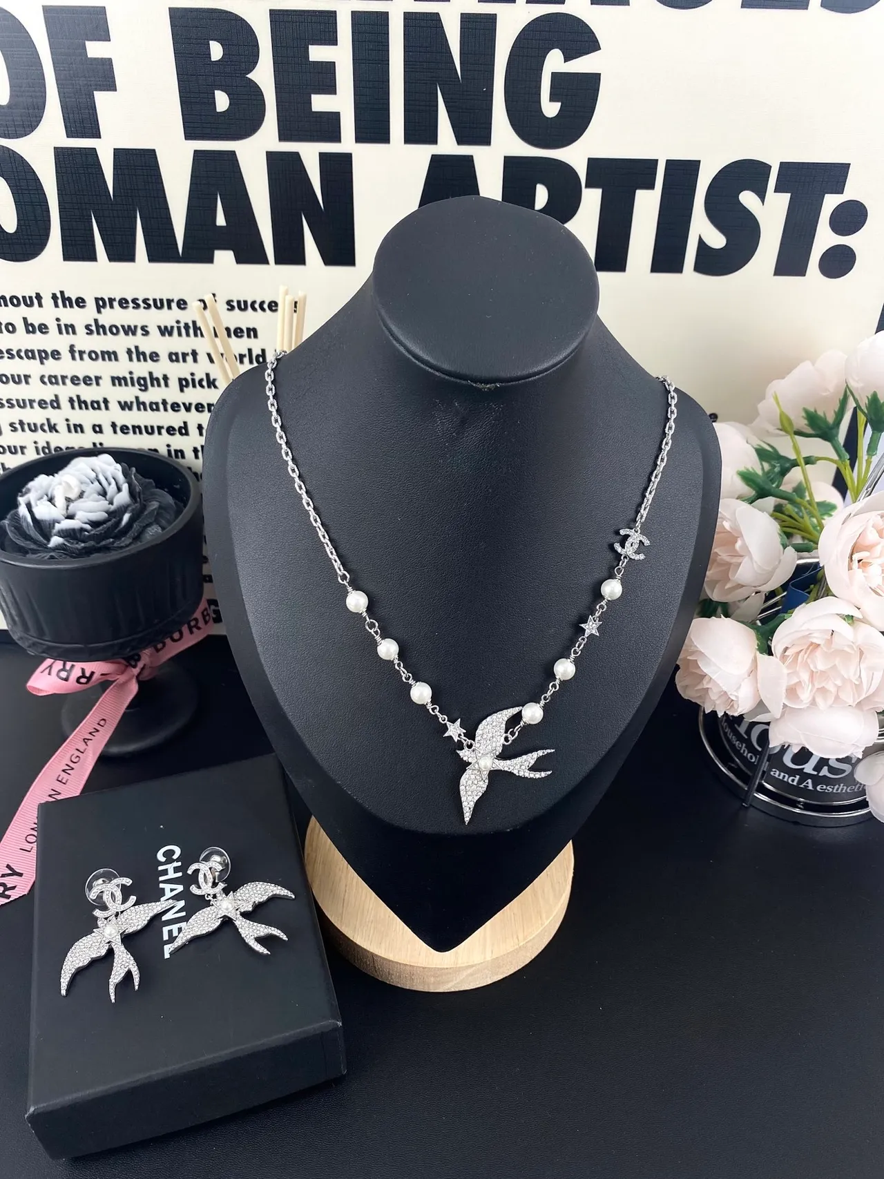 Chanel Swallow Pavé Crystal and Pearl Necklace 4