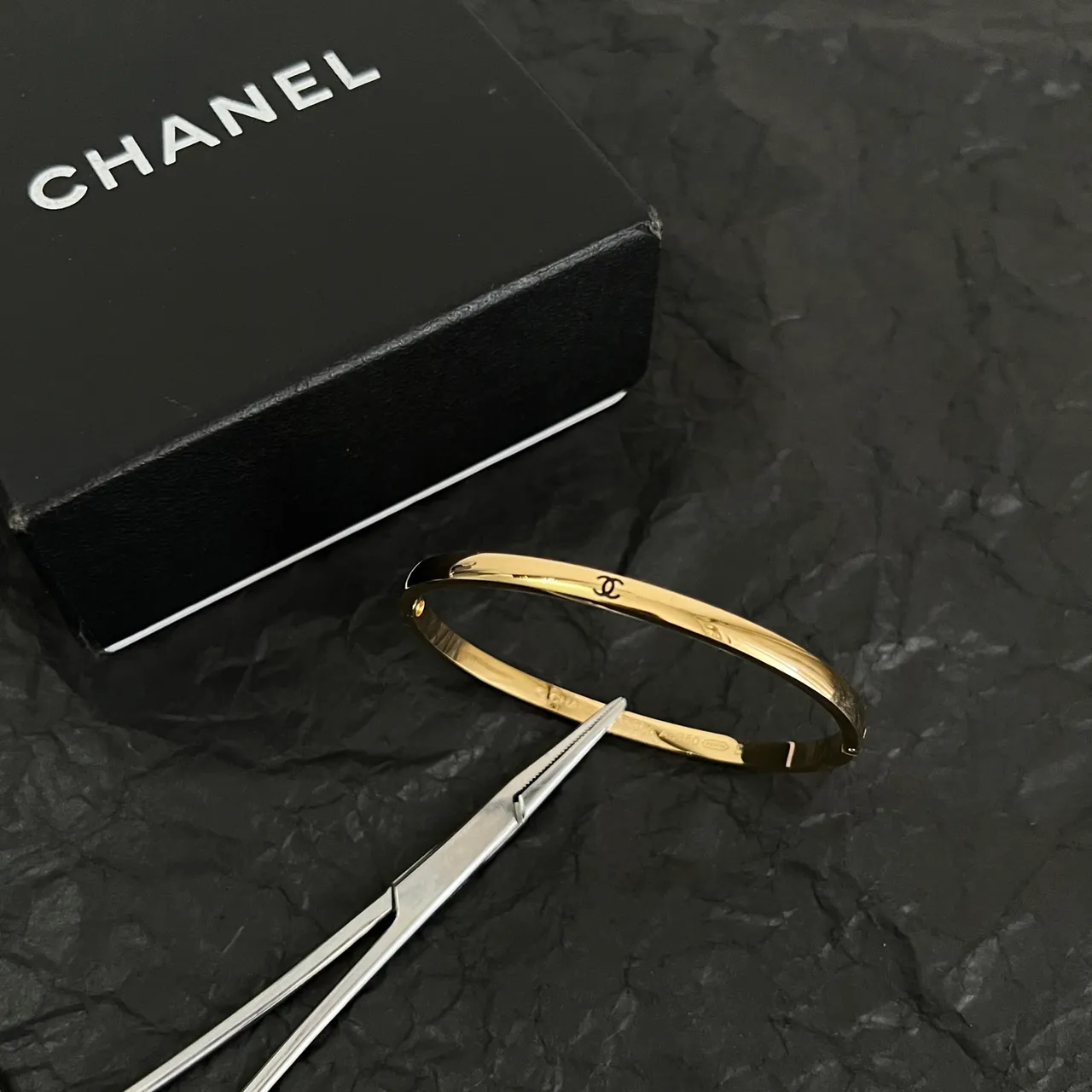 Chanel Two-Tone Interlocking CC Logo Bangle Bracelet 6