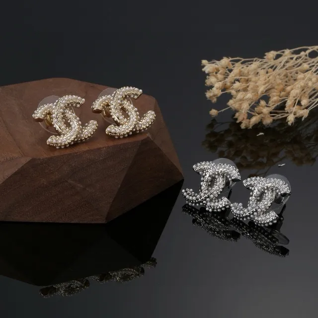 Chanel White Gold Pearl-Embellished Interlocking CC Logo Earrings 2