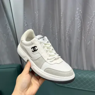 Chanel White Gray Low-Top Mixed-Material Lifestyle Sneakers