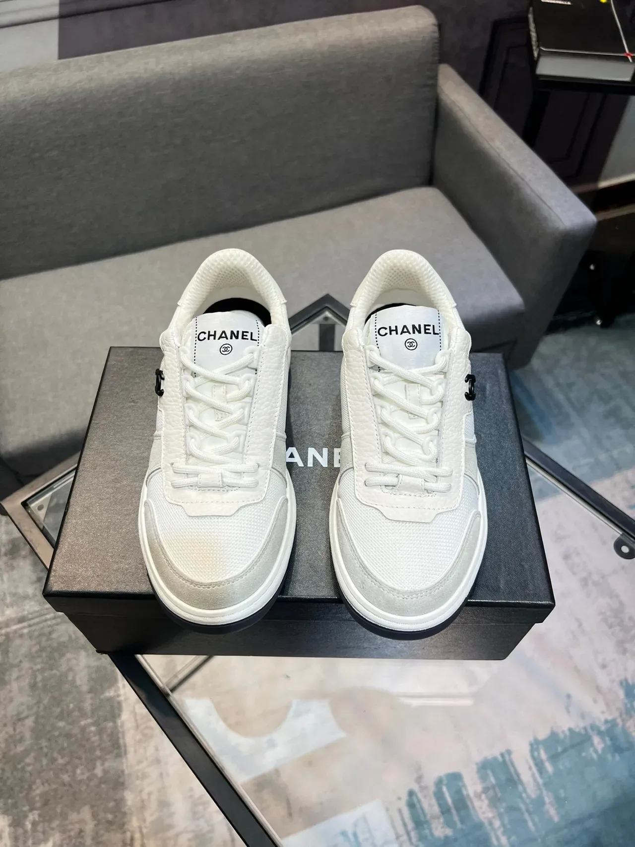 Chanel White Gray Low-Top Mixed-Material Lifestyle Sneakers 2