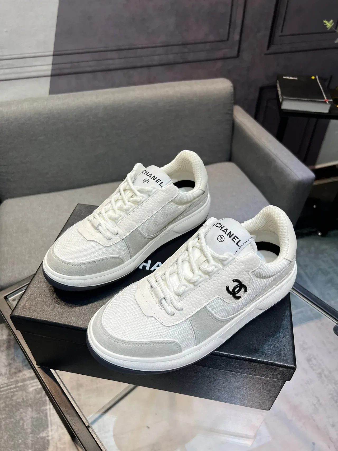 Chanel White Gray Low-Top Mixed-Material Lifestyle Sneakers 3