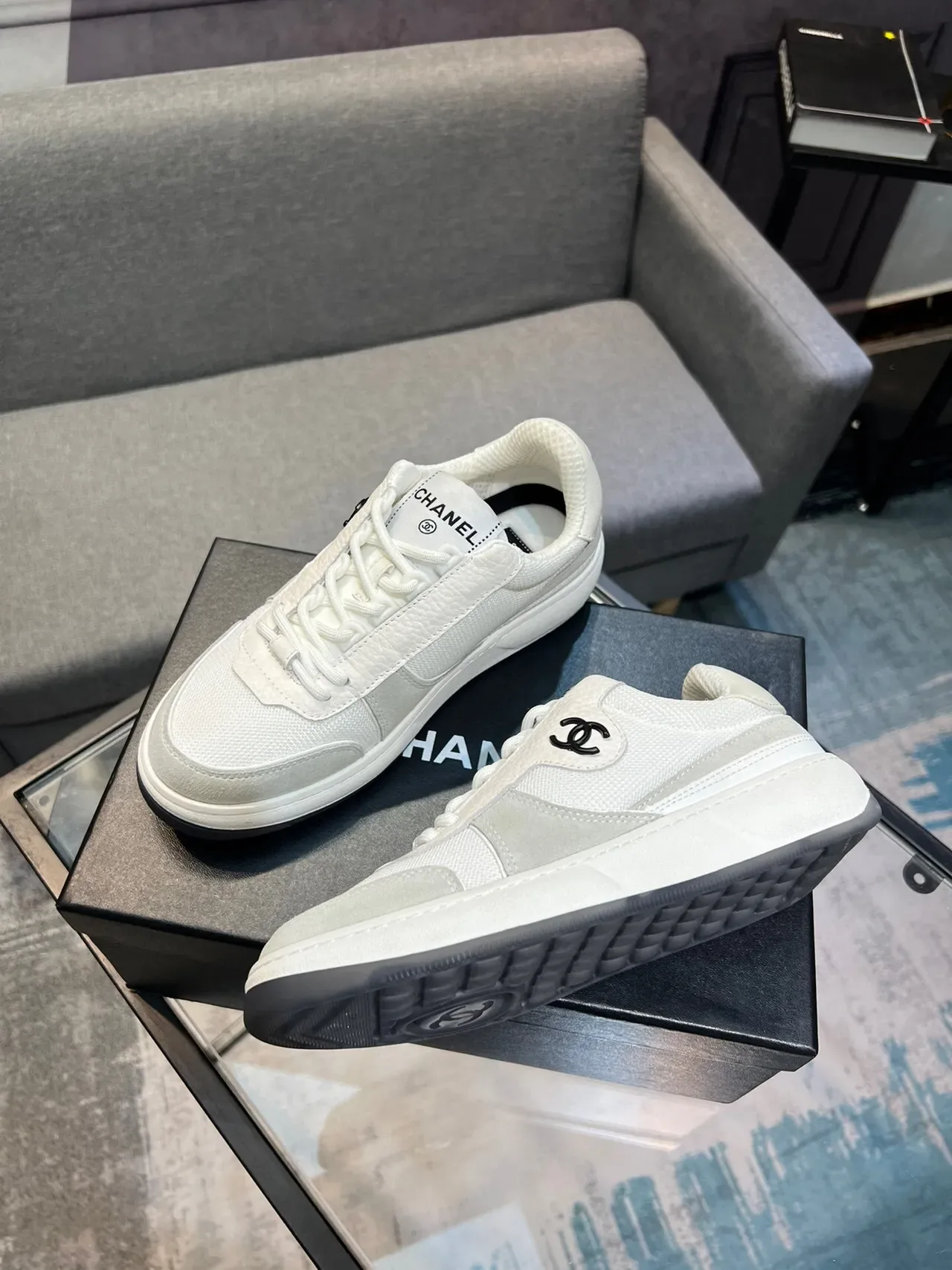 Chanel White Gray Low-Top Mixed-Material Lifestyle Sneakers 4