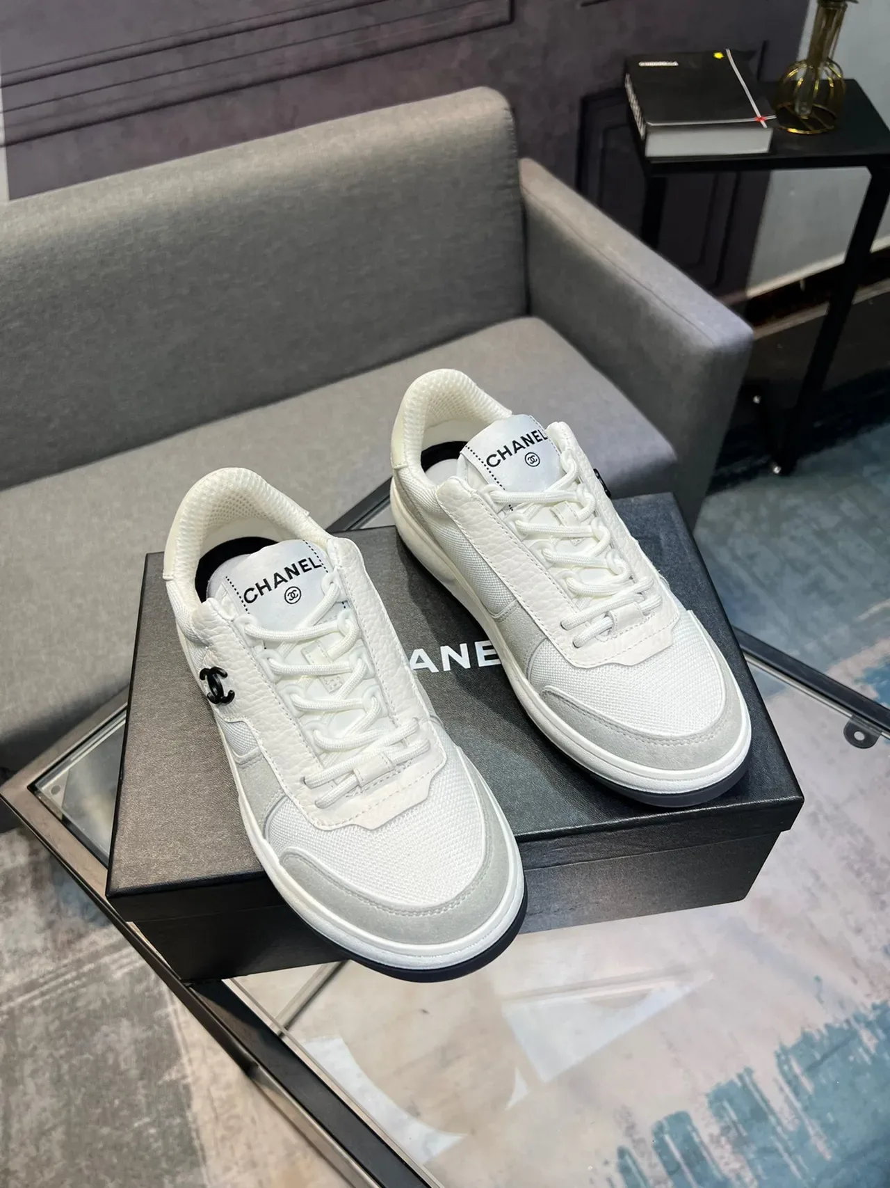 Chanel White Gray Low-Top Mixed-Material Lifestyle Sneakers 5