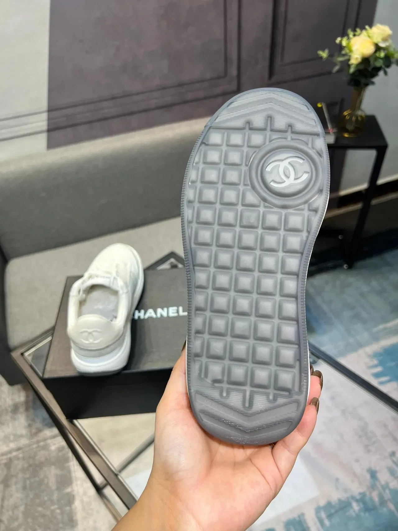 Chanel White Gray Low-Top Mixed-Material Lifestyle Sneakers 6