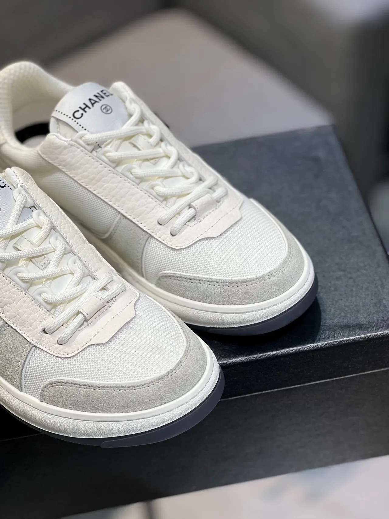 Chanel White Gray Low-Top Mixed-Material Lifestyle Sneakers 8