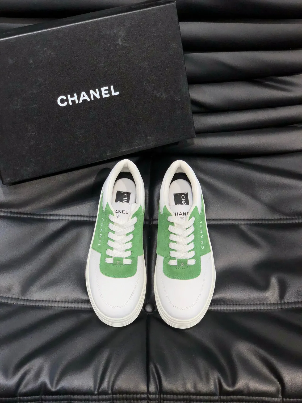 Chanel White Green Low-Top Two-Tone Sneakers 2