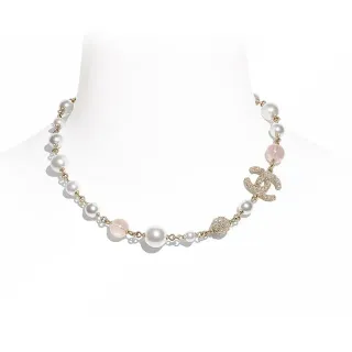 Chanel White Pink Pearl And Quartz Bead Chain Crystal-Embellished CC Logo Necklace
