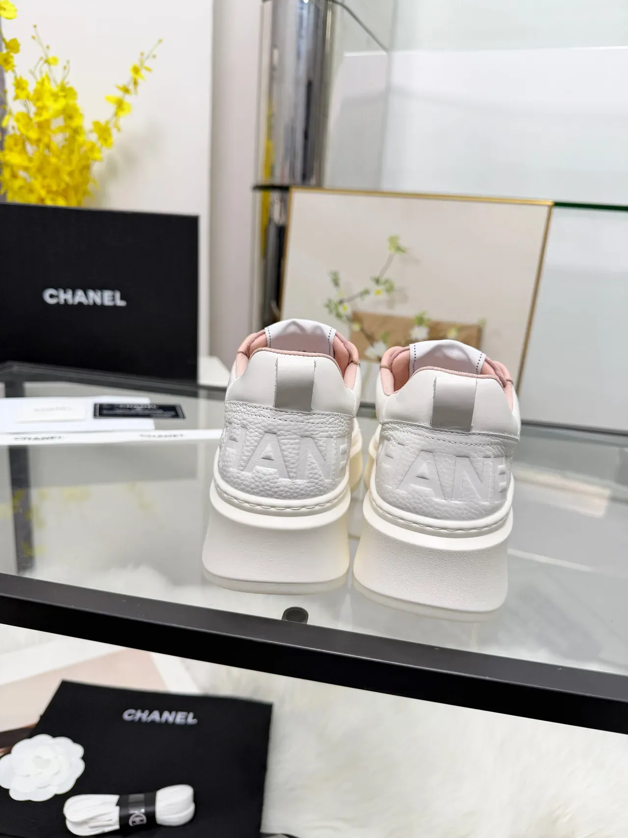 Chanel White Pink Platform Sole Mesh-and-Leather Upper Sneakers 2