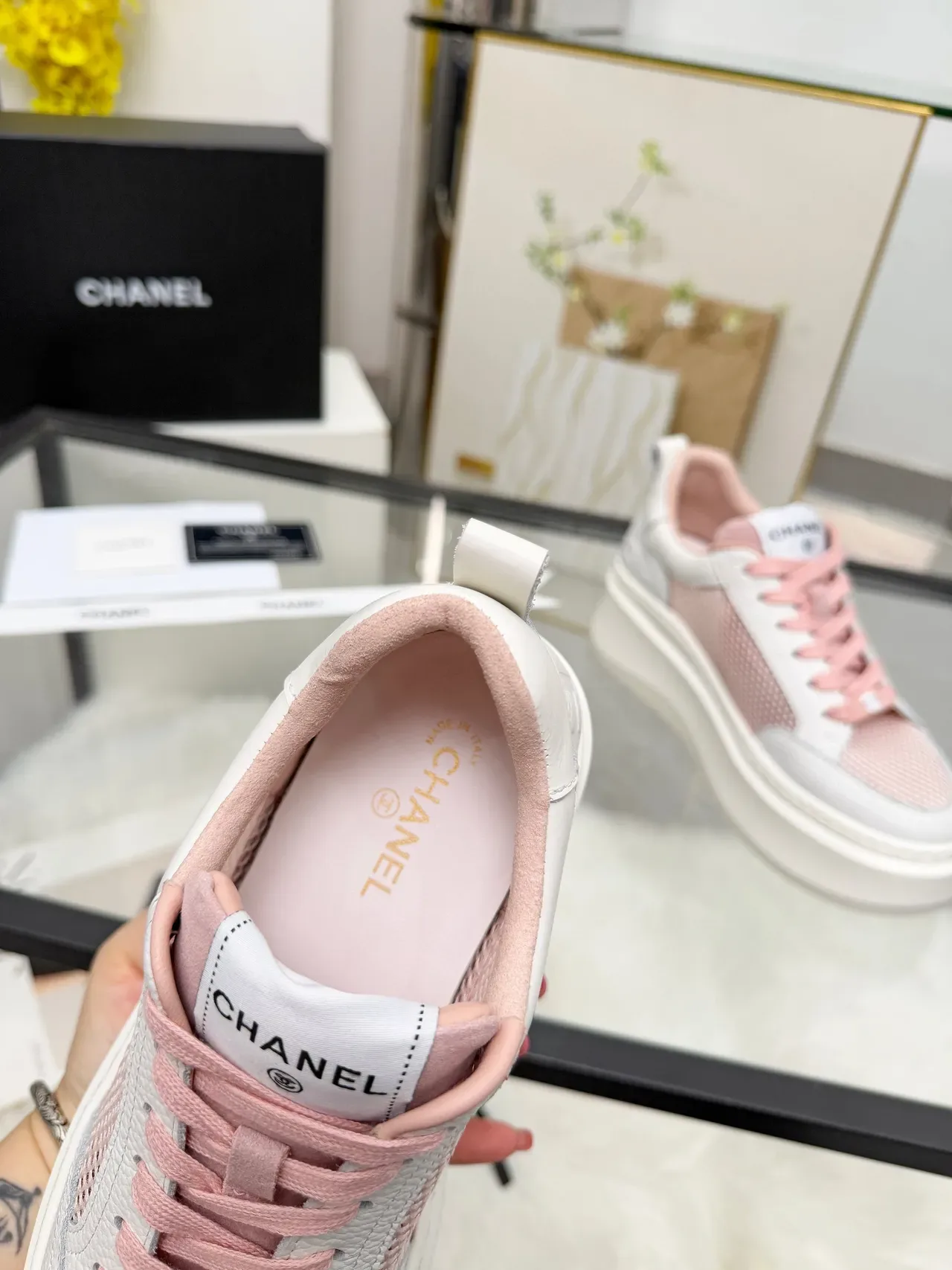 Chanel White Pink Platform Sole Mesh-and-Leather Upper Sneakers 3