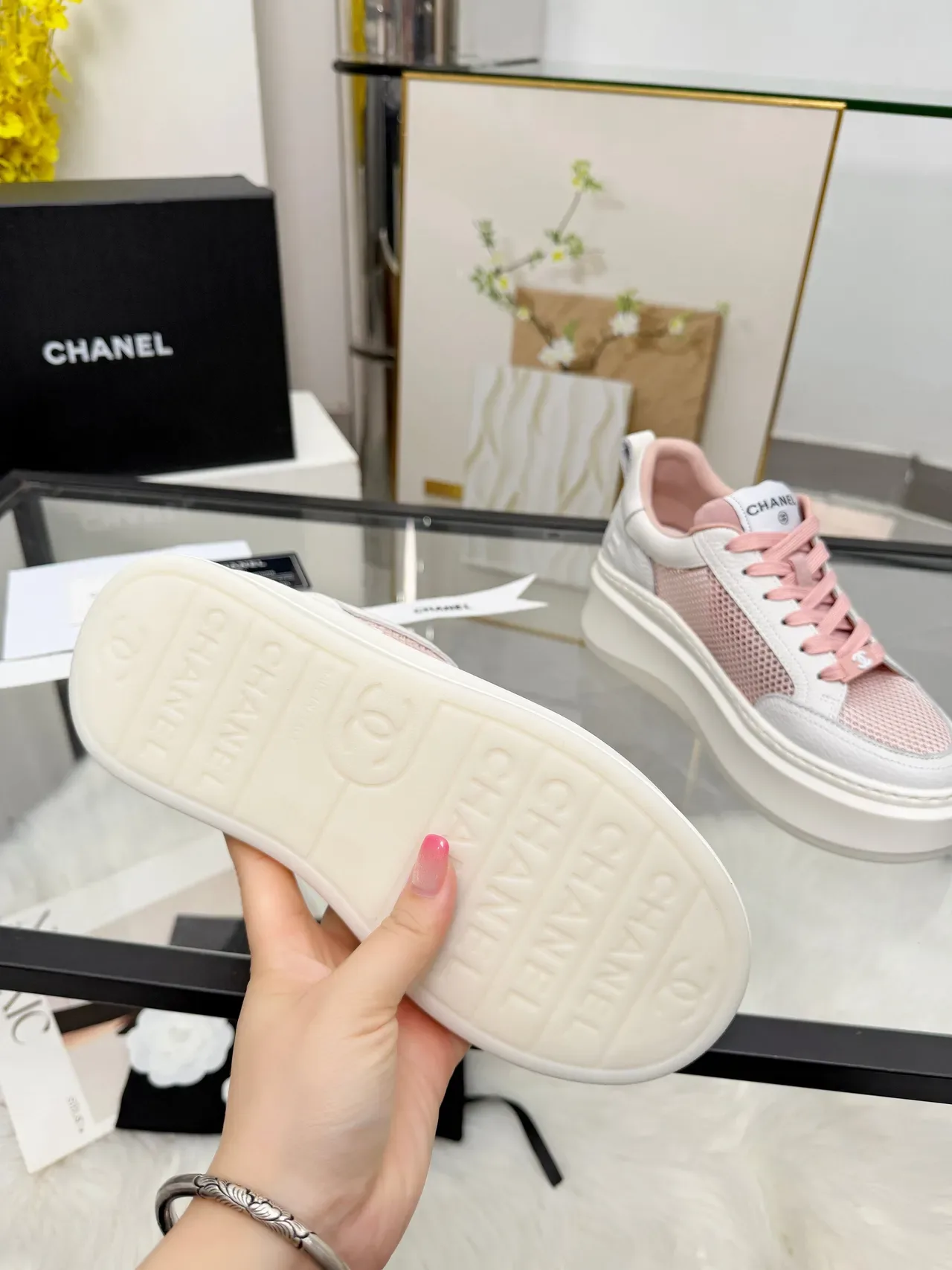 Chanel White Pink Platform Sole Mesh-and-Leather Upper Sneakers 4