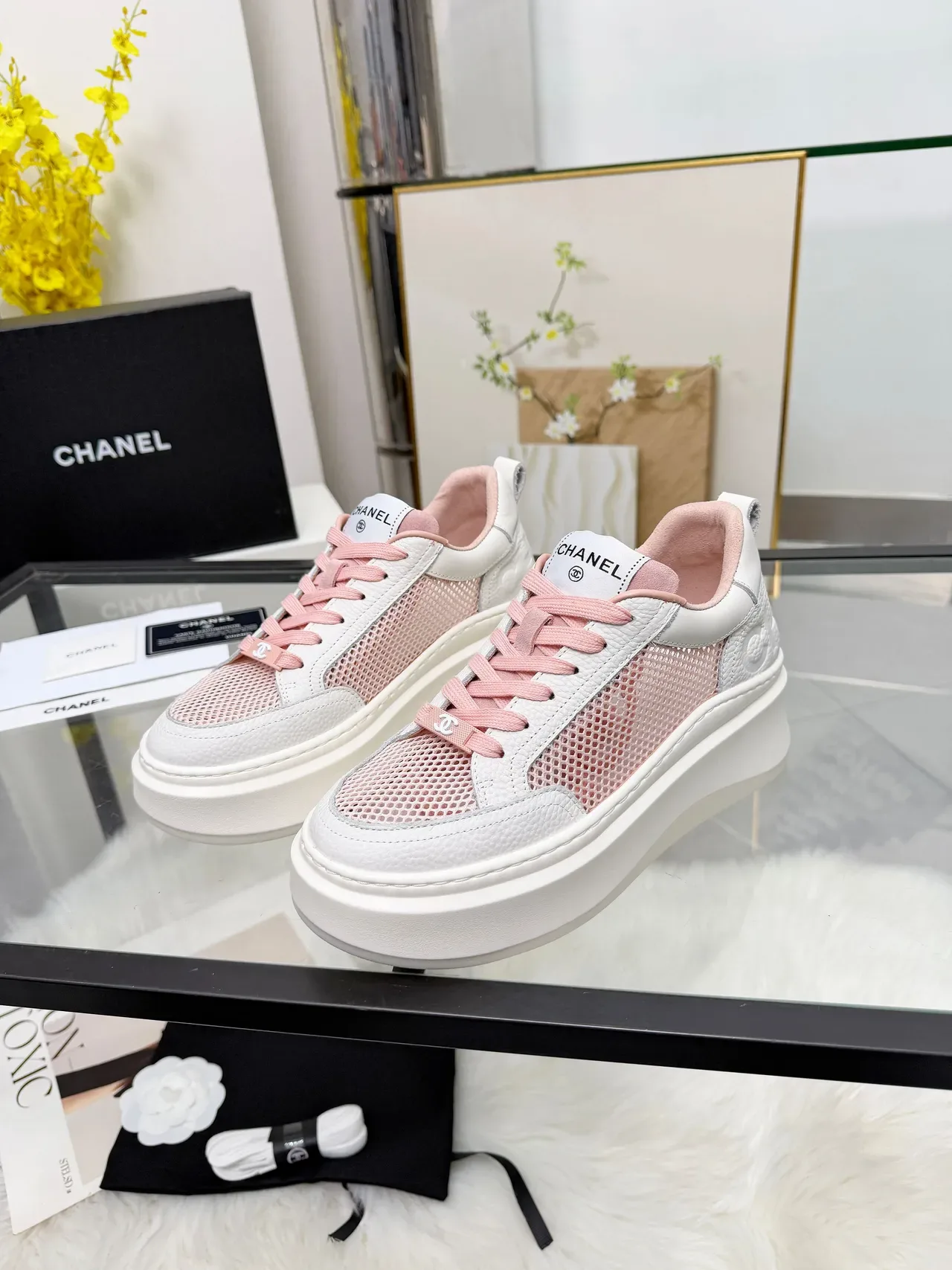 Chanel White Pink Platform Sole Mesh-and-Leather Upper Sneakers 5