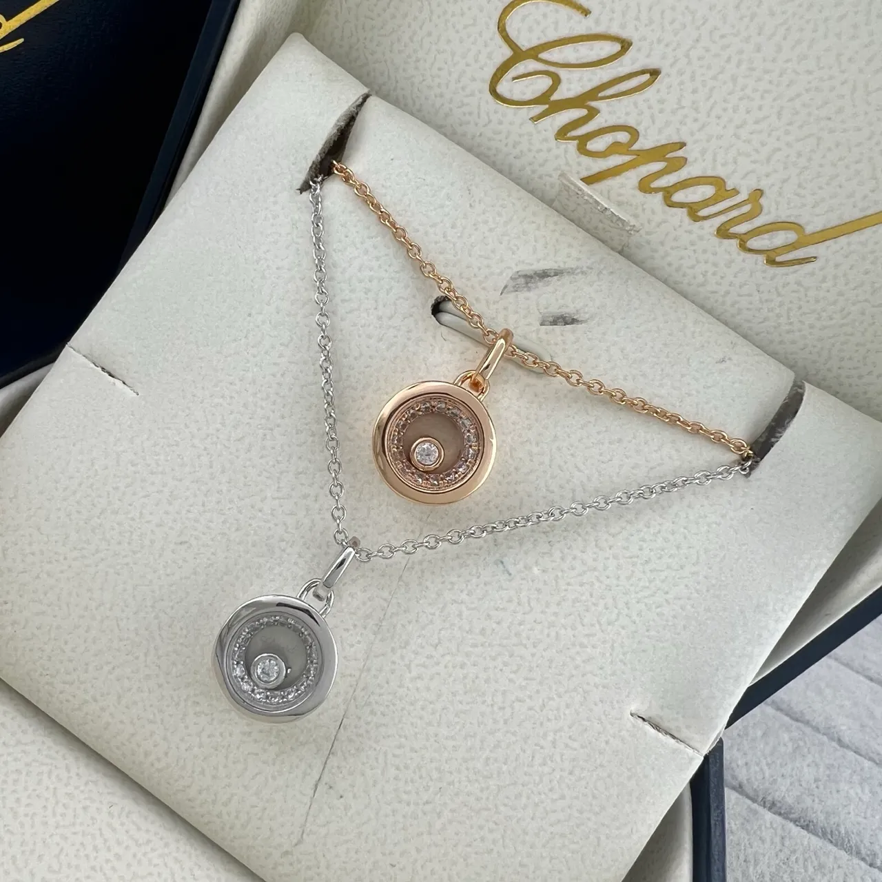Chopard Or Argent Disque Rotatif Pendentif Diamant Halo Collier 7