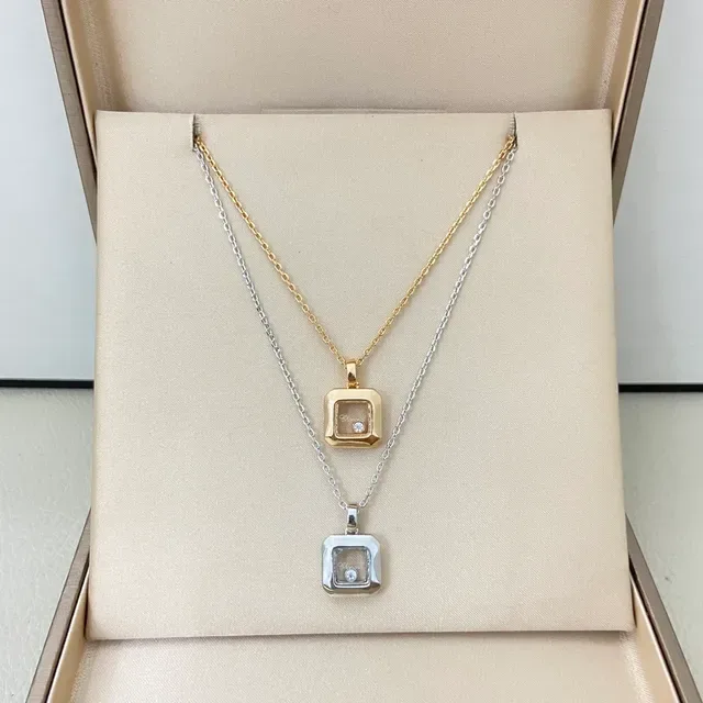 Chopard Happy Diamonds Gold Silver Square Case Floating Diamond Necklace 2