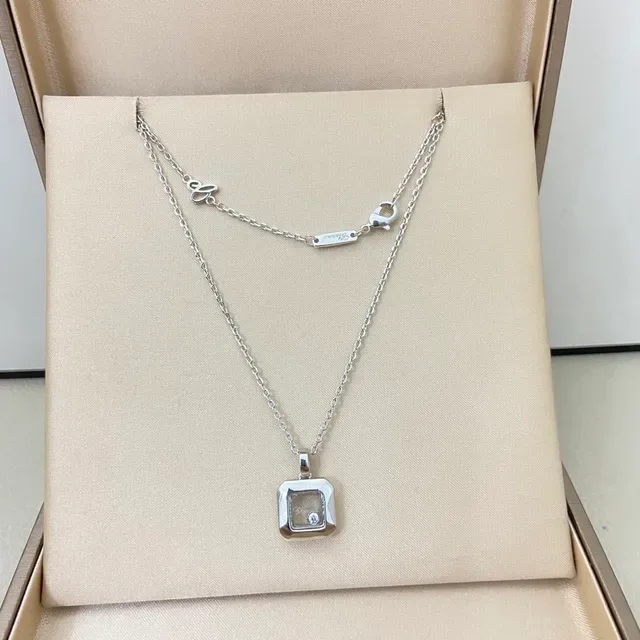 Chopard Happy Diamonds Gold Silver Square Case Floating Diamond Necklace 4