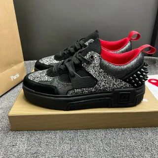 Christian Louboutin Black Red Glitter-Suede Hybrid Upper Spiked Heel Counter Lifestyle Sneakers
