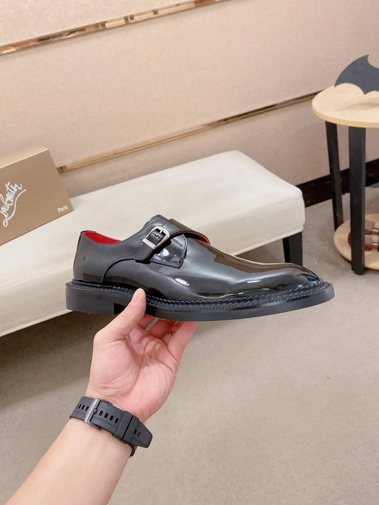 Christian Louboutin Black Red Patent Leather Single Strap Monk Shoes 4