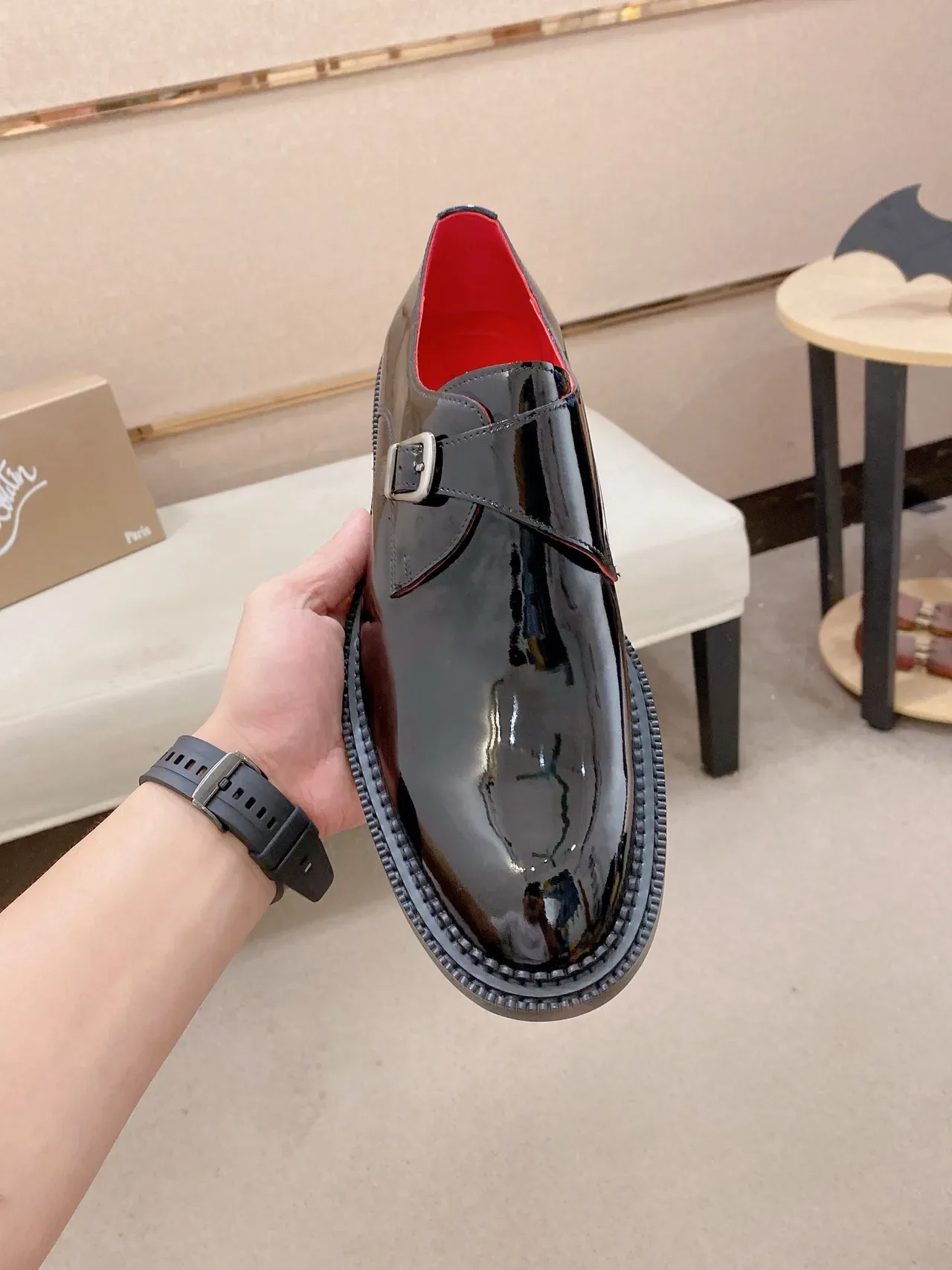 Christian Louboutin Black Red Patent Leather Single Strap Monk Shoes 5