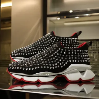 Christian Louboutin Black Red Studded Slip-On Chunky Sneakers