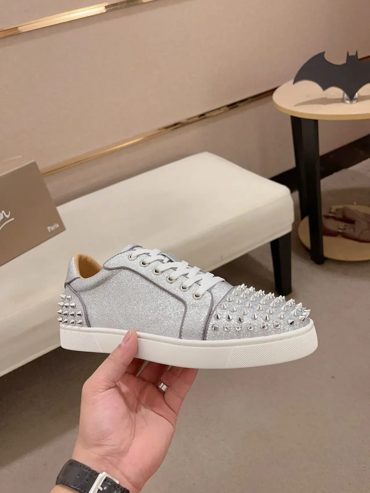 Christian Louboutin Louis Spikes Silver Glitter Spike-Embellished Lifestyle Sneakers 4