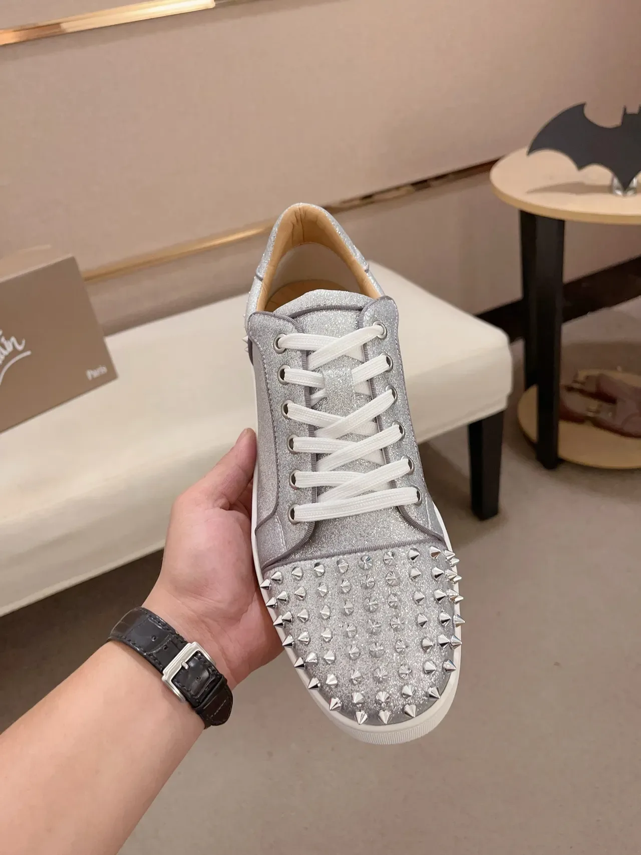 Christian Louboutin Louis Spikes Silver Glitter Spike-Embellished Lifestyle Sneakers 5