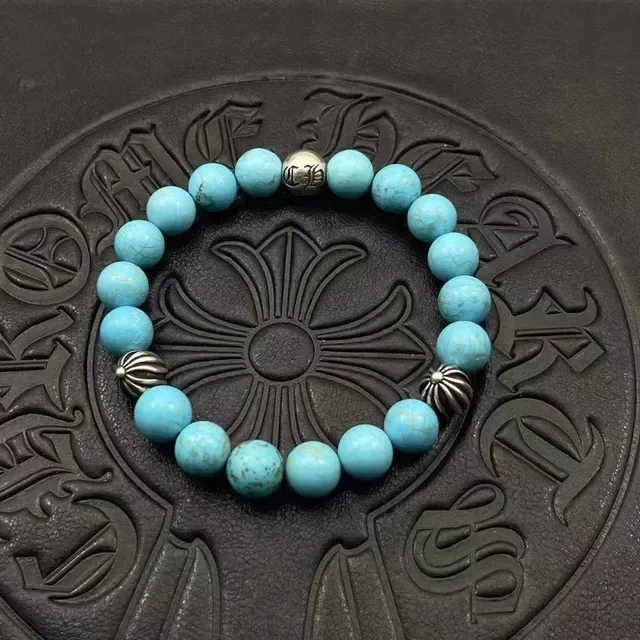 Chrome Hearts Bracelet perles noir avec perles argent brillantes et charme croix 4