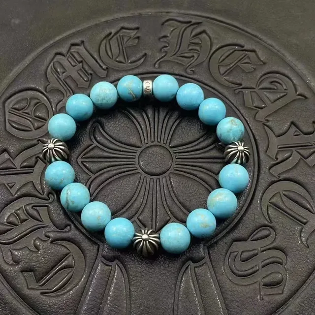 Chrome Hearts Bracelet perles noir avec perles argent brillantes et charme croix 6