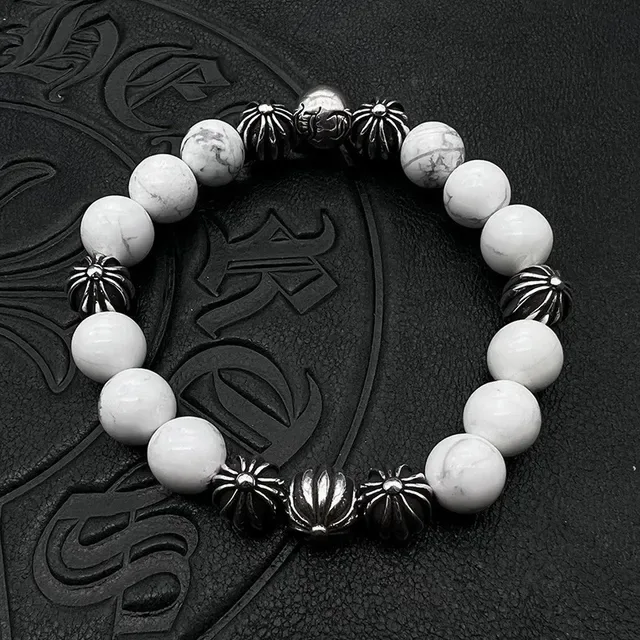 Chrome Hearts Bracelet perles noir avec perles argent brillantes et charme croix 7