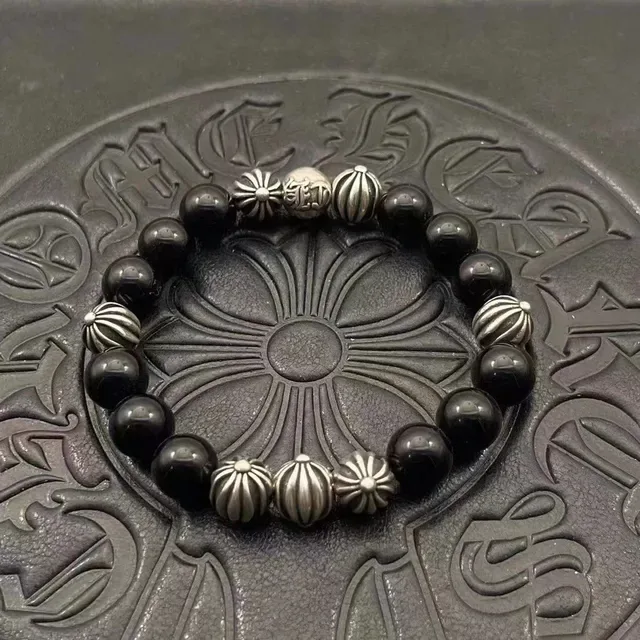 Chrome Hearts Bracelet perles noir avec perles argent brillantes et charme croix 9