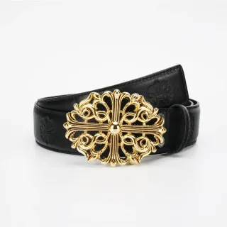 Chrome Hearts Black Gold Ornate Cross Buckle Baroque Scrollwork Leather Belt
