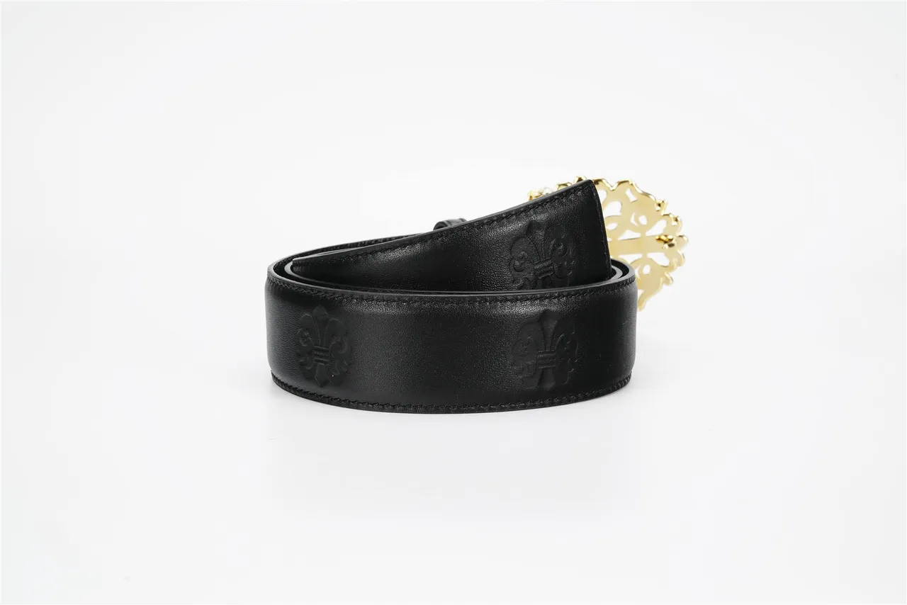 Chrome Hearts Black Gold Ornate Cross Buckle Baroque Scrollwork ceinture en cuir 3