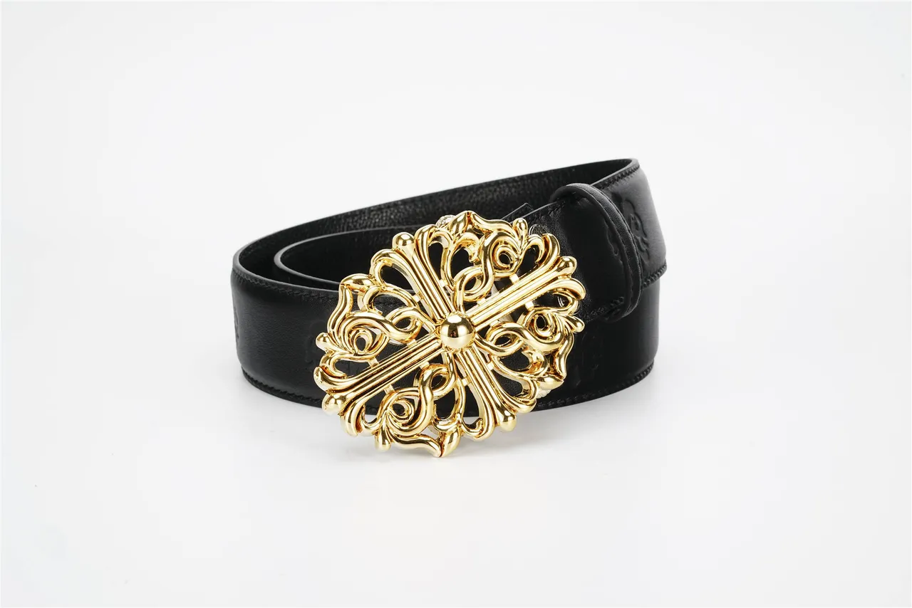 Chrome Hearts Black Gold Ornate Cross Buckle Baroque Scrollwork ceinture en cuir 4