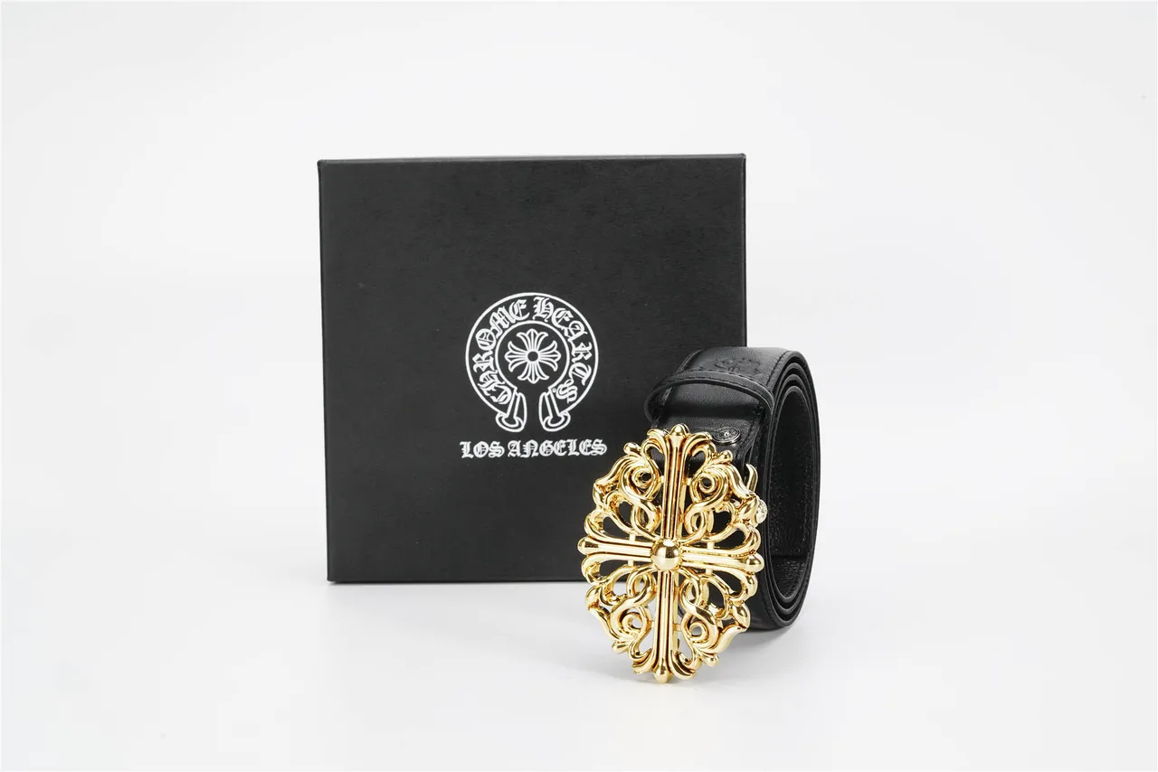 Chrome Hearts Black Gold Ornate Cross Buckle Baroque Scrollwork ceinture en cuir 6