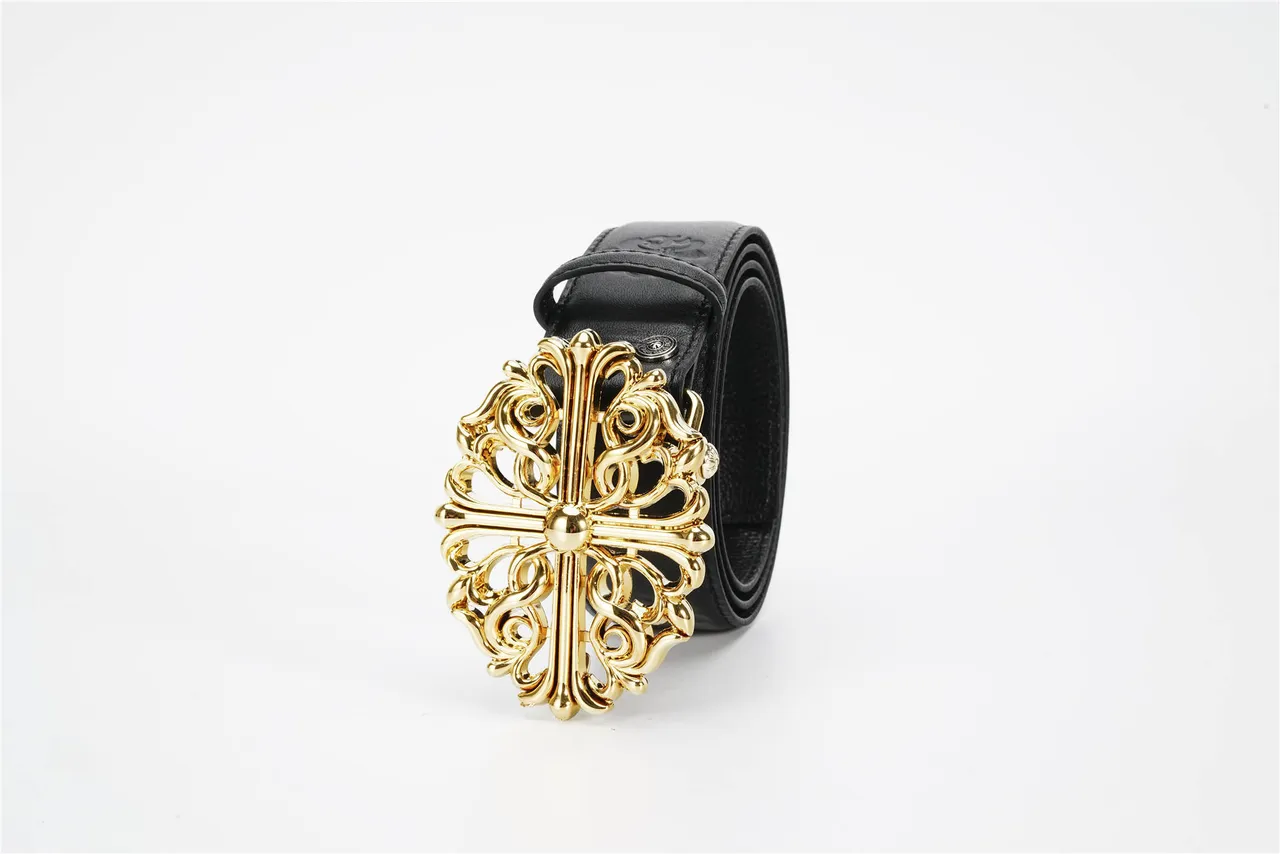 Chrome Hearts Black Gold Ornate Cross Buckle Baroque Scrollwork ceinture en cuir 7