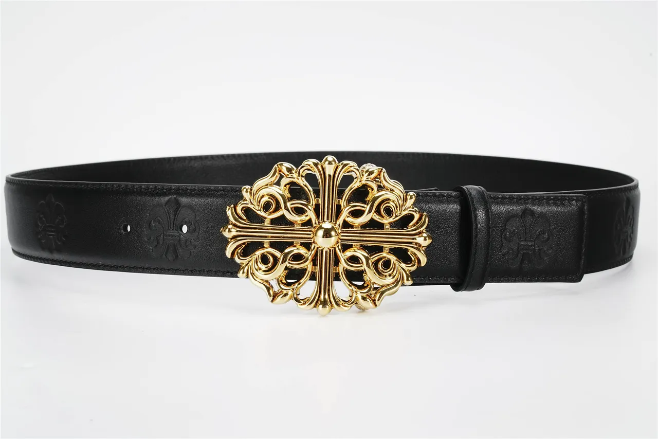 Chrome Hearts Black Gold Ornate Cross Buckle Baroque Scrollwork ceinture en cuir 8