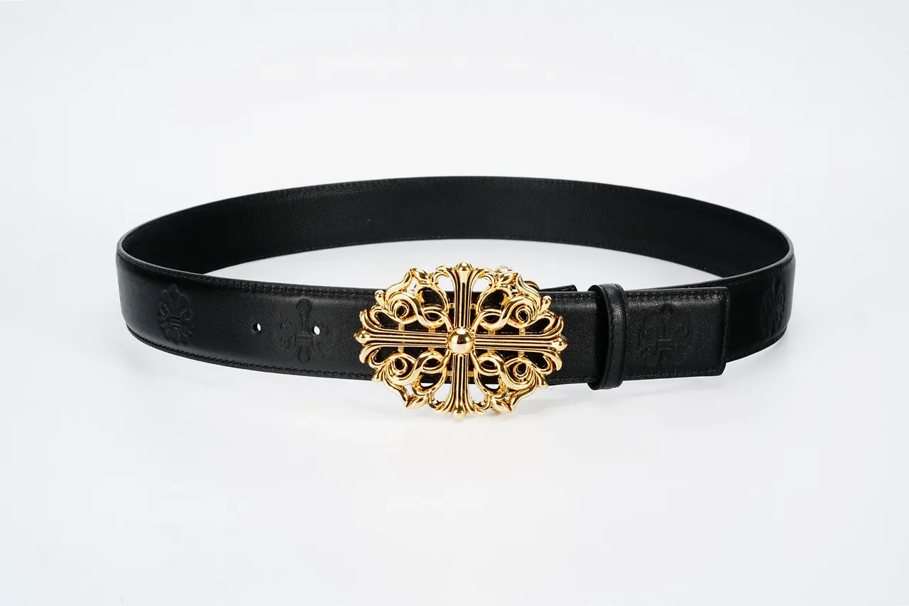 Chrome Hearts Black Gold Ornate Cross Buckle Baroque Scrollwork ceinture en cuir 9