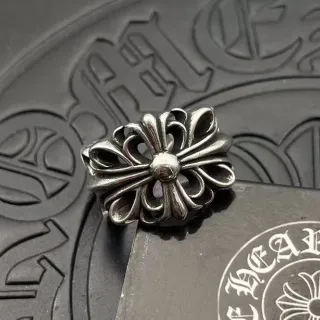 Chrome Hearts ক্রস ফ্লাওয়ার চাঁদি ফ্লোরাল মোটিফ উচ্চ পালিশ ধাতুর আংটি