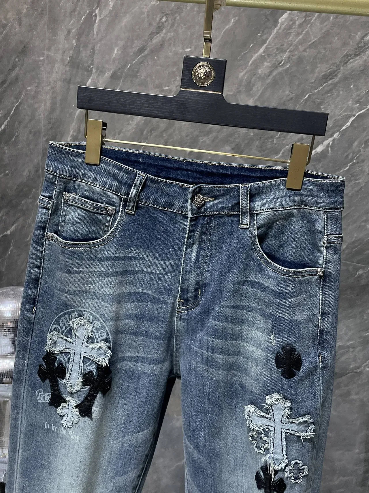 Chrome Hearts Embroidered Cross Distressed Medium-Wash Jeans 7