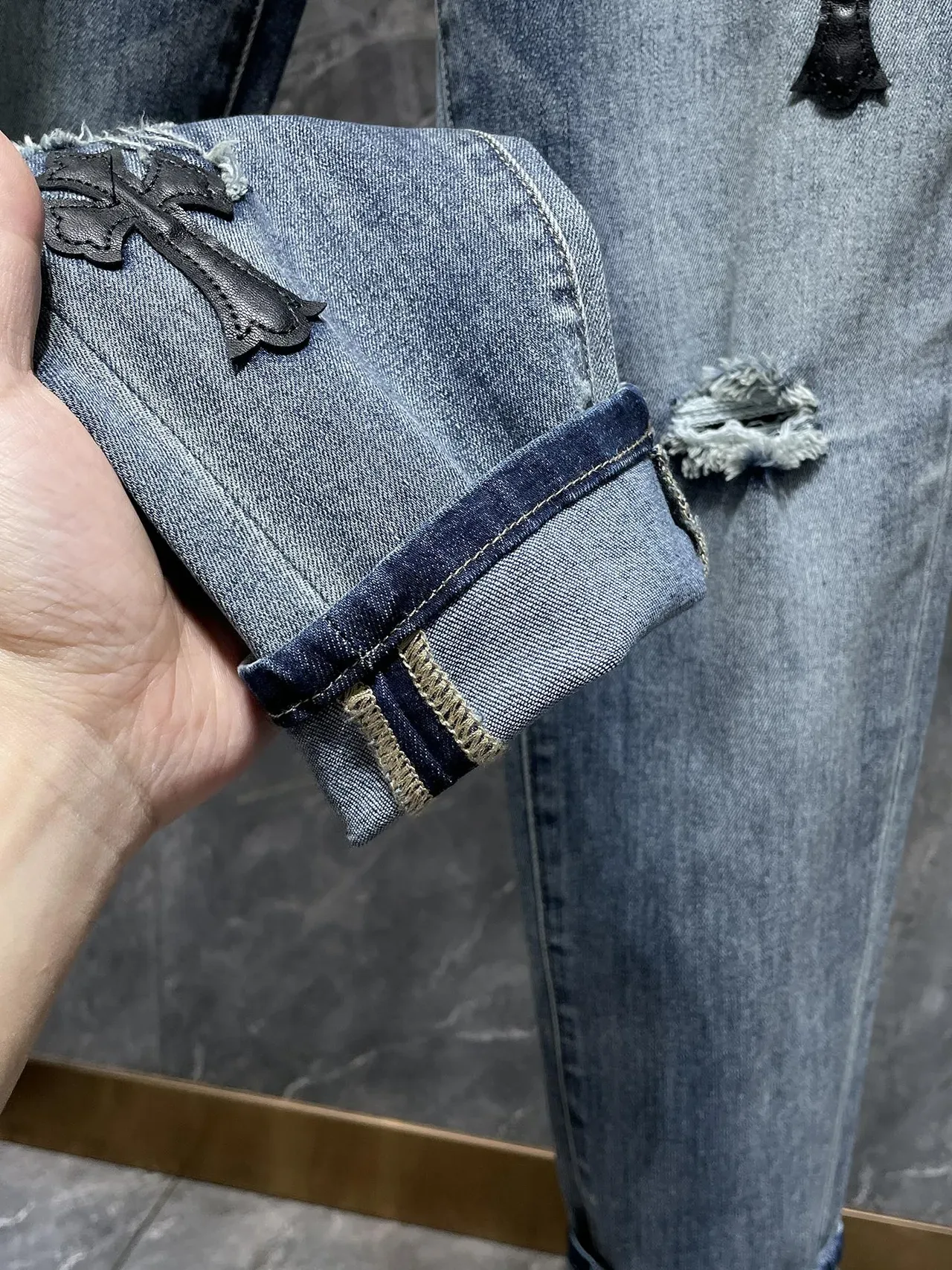 Chrome Hearts Embroidered Cross Distressed Medium-Wash Jeans 8
