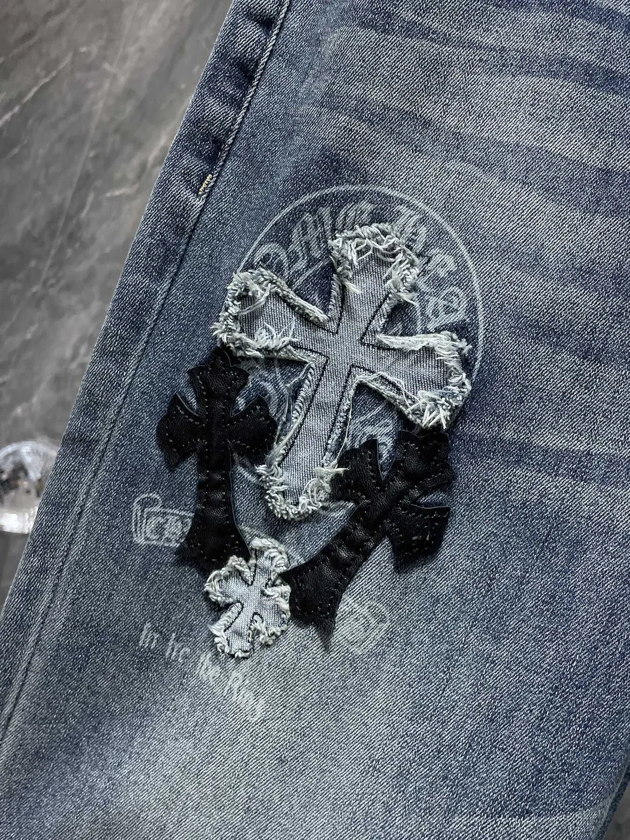 Chrome Hearts Embroidered Cross Distressed Medium-Wash Jeans 9