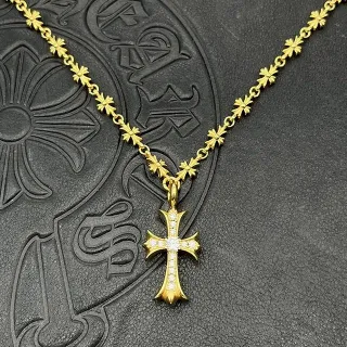 Chrome Hearts Floral Cross Necklace Gold White Chain Pavé-Set Pendant Necklace