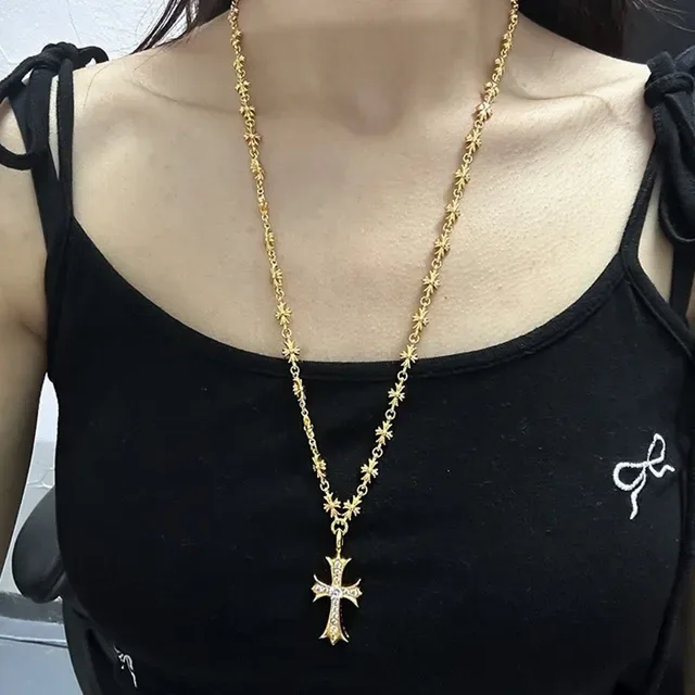Chrome Hearts Floral Cross Necklace Gold White Chain Pavé-Set Pendant Necklace 2