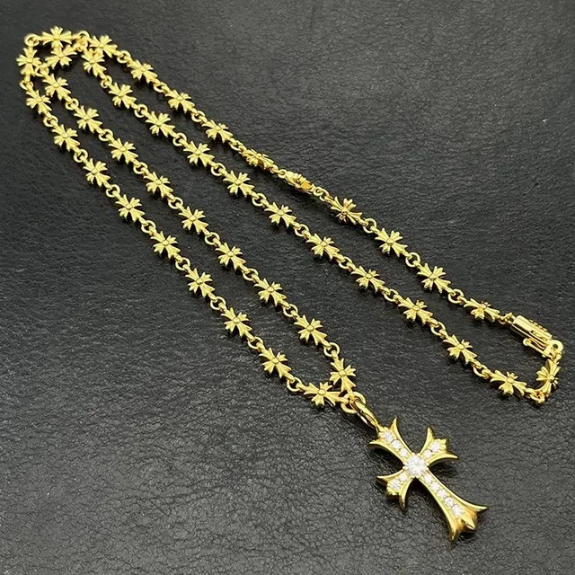 Chrome Hearts Floral Cross Necklace Gold White Chain Pavé-Set Pendant Necklace 3