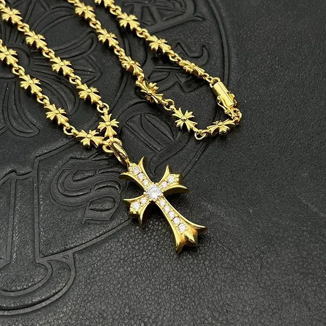 Chrome Hearts Floral Cross Necklace Gold White Chain Pavé-Set Pendant Necklace 4